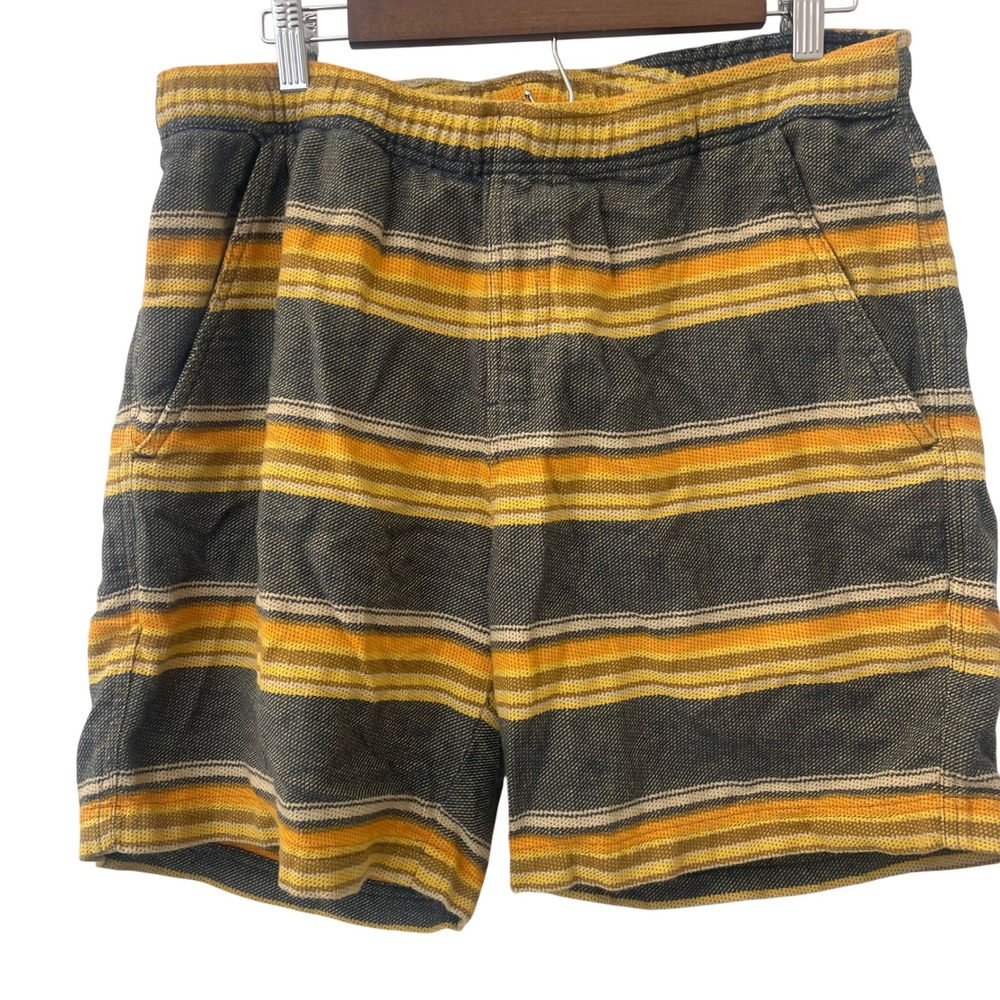 KAVU Mens Striped Woven Cotton Shorts Large Charcoal Yellow Orange Elastic Waist